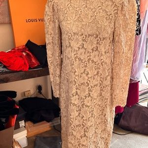 Adele Simpson Vintage 80's Beige  Lace Cocktail Dress & Slip
